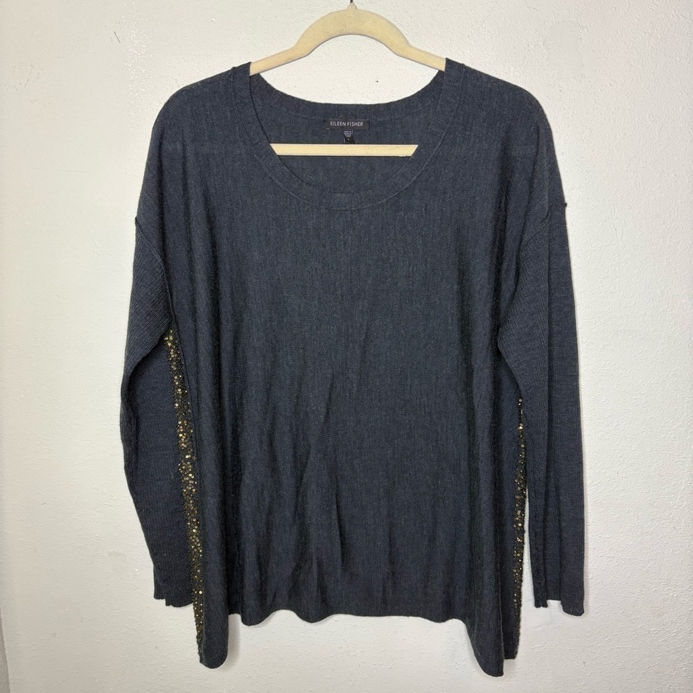 Eileen Fisher Charcoal Long Sleeve Wool Top with Bronze Sequins Large